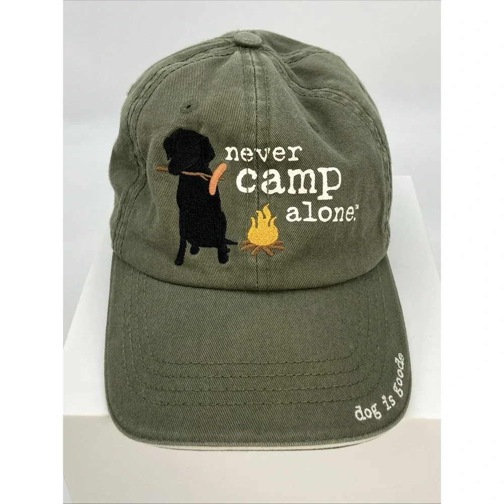 Dog Is Good Never Camp Alone Strap Back Dad Hat Adjustable Cap Dog Lover Camping